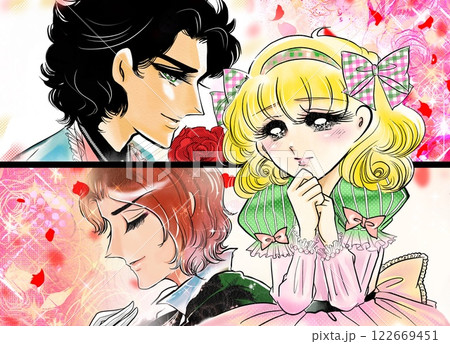 70年代少女漫画イケメン王子様たちのデートのお誘いに迷う金髪美女の妄想イラスト 122669451