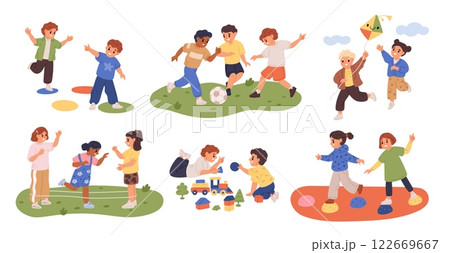 Cute children playing outdoor. Kids group games. Hopscotch and rubber bands. Active boys and girls running together with kite. Little friends. Toy blocks and train. Garish vector set 122669667