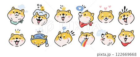 Funny Shiba Inu. Dog emoji. Cute puppy emoticons. Happy pet faces. Animal character. Different expressions and mood. Doggy head with rainbow. Sleeping and bathing. Garish vector set 122669668