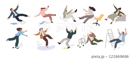 People who have lost their balance. Falling characters. Slipping ladder. Tripping men and women. Different poses. Clumsy persons stumble on stairs. Pain or injuries. Garish vector set 122669686
