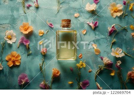 Wellness, aromatherapy, beauty session, spa, glass bottle, aroma essential oil, flower petals 122669704