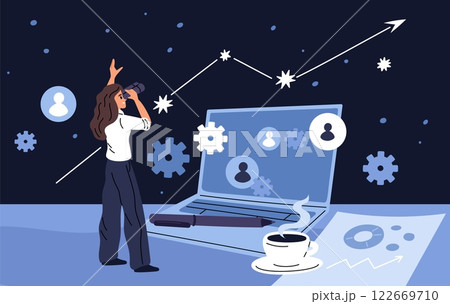 Woman looks through binoculars. Search for startups goals and development prospects. Telescope stars watching. Business growth opportunity finding. Project diagram. Garish vector concept 122669710