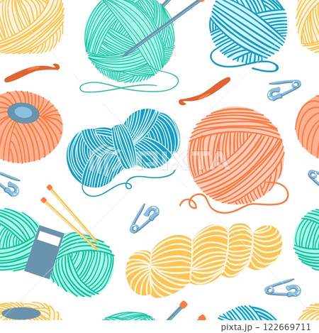 Wool balls seamless pattern. Knitting needles with color threads. Pins and hooks for crochet. Workshop repeated print with handcrafted elements. Yarn skeins. Splendid vector background Wool balls seamless pattern. Knitting needles with color threads. Pins and hooks for crochet. Workshop repeated print with handcrafted elements. Yarn skeins. Splendid vector background 122669711