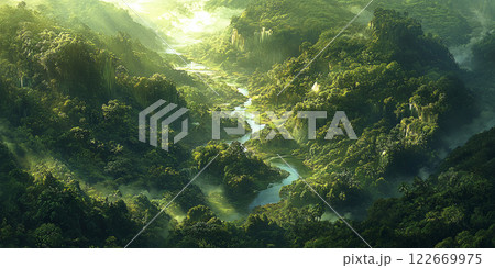 A breathtaking aerial view of a tropical rainforest covered in dense green foliage with a winding river and misty clouds, highlighting the beauty and mystery of untouched nature. 122669975