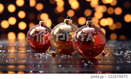 Winter seasonal Merry Christmas and happy new year background wallpaper, template, banner, poster, holiday design, beautiful christmas ball sphere christmas tree ornament. 122670075