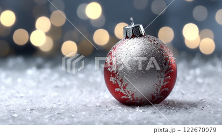 Winter seasonal Merry Christmas and happy new year background wallpaper, template, banner, poster, holiday design, beautiful christmas ball sphere christmas tree ornament. 122670079