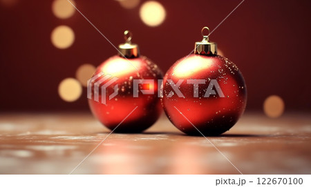 Winter seasonal Merry Christmas and happy new year background wallpaper, template, banner, poster, holiday design, beautiful christmas ball sphere christmas tree ornament. 122670100