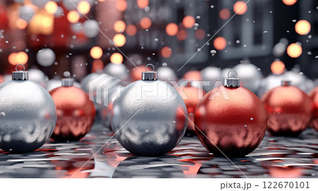 Winter seasonal Merry Christmas and happy new year background wallpaper, template, banner, poster, holiday design, beautiful christmas ball sphere christmas tree ornament. 122670101