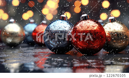 Winter seasonal Merry Christmas and happy new year background wallpaper, template, banner, poster, holiday design, beautiful christmas ball sphere christmas tree ornament. 122670105