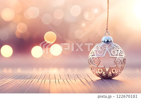 Hanging elegant beautiful transparent glass ball Christmas tree ornament decoration used for banner and background or backdrop for seasonal greetings. Holiday winter season Christmas light. 122670181