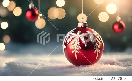 Hanging elegant beautiful red glass ball Christmas tree ornament decoration used for banner and background or backdrop for seasonal greetings. Holiday winter season dreamy Christmas light. Hanging elegant beautiful red glass ball Christmas tree ornament decoration used for banner and background or backdrop for seasonal greetings. Holiday winter season dreamy Christmas light. 122670183