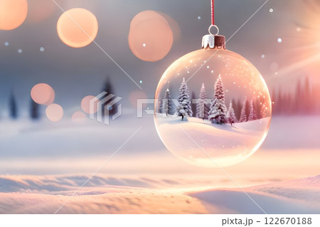 Hanging elegant beautiful transparent glass ball Christmas tree ornament decoration used for banner and background or backdrop for seasonal greetings. Holiday winter season dreamy Christmas light. 122670188