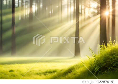 A field of green meadow under the tropical forest and a ray of light from the back of the tree. Foggy mystical atmosphere nature background. 122670191