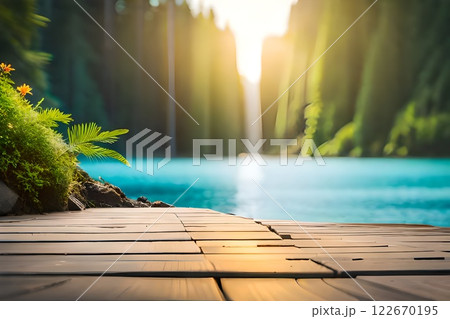 A wooden deck and a blue river at canyon blurry nature background. 122670195