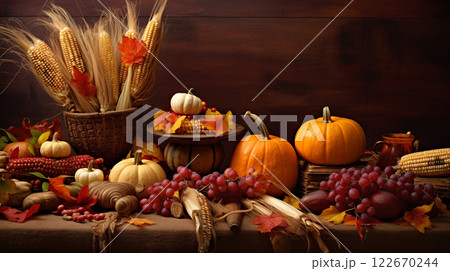 Thanksgiving and the Harvest Feast day, a day of giving thanks for the blessings of the harvest and of the preceding year. A table full of food, vegetable and fruit. Thanksgiving and the Harvest Feast day, a day of giving thanks for the blessings of the harvest and of the preceding year. A table full of food, vegetable and fruit. 122670244