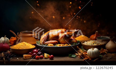 Thanksgiving and the Harvest Feast day, a day of giving thanks for the blessings of the harvest and of the preceding year. A table full of food, vegetable and fruit. Thanksgiving and the Harvest Feast day, a day of giving thanks for the blessings of the harvest and of the preceding year. A table full of food, vegetable and fruit. 122670245