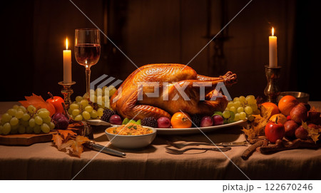 Thanksgiving and the Harvest Feast day, a day of giving thanks for the blessings of the harvest and of the preceding year. A table full of food, vegetable and fruit. Thanksgiving and the Harvest Feast day, a day of giving thanks for the blessings of the harvest and of the preceding year. A table full of food, vegetable and fruit. 122670246
