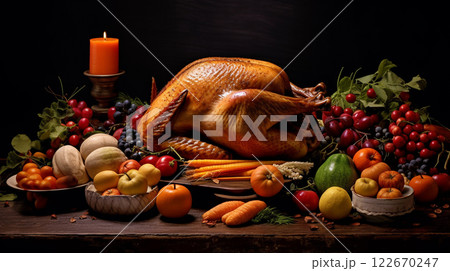 Thanksgiving and the Harvest Feast day, a day of giving thanks for the blessings of the harvest and of the preceding year. A table full of food, vegetable and fruit. Thanksgiving and the Harvest Feast day, a day of giving thanks for the blessings of the harvest and of the preceding year. A table full of food, vegetable and fruit. 122670247