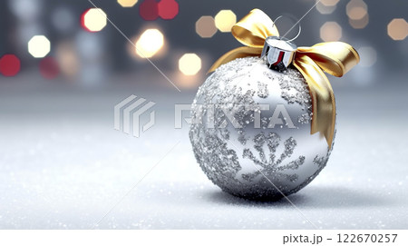 Winter seasonal Merry Christmas and happy new year background wallpaper, template, banner, poster, holiday design, beautiful christmas ball sphere christmas tree ornament. 122670257