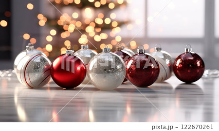 Winter seasonal Merry Christmas and happy new year background wallpaper, template, banner, poster, holiday design, beautiful christmas ball sphere christmas tree ornament. 122670261