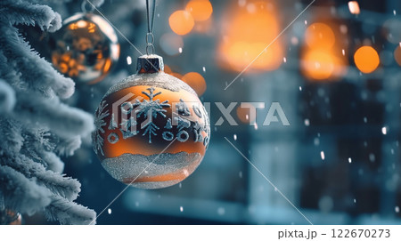 Winter seasonal Merry Christmas and happy new year background wallpaper, template, banner, poster, holiday design, beautiful christmas ball sphere christmas tree ornament. 122670273