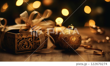 Winter seasonal Merry Christmas and happy new year background wallpaper, template, banner, poster, holiday design, beautiful christmas ball sphere christmas tree ornament. 122670274