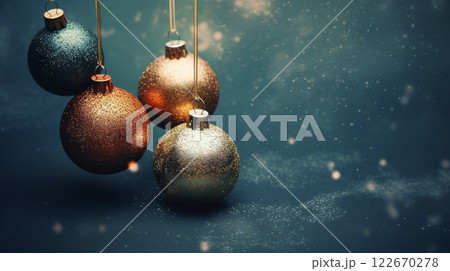 Winter seasonal Merry Christmas and happy new year background wallpaper, template, banner, poster, holiday design, beautiful christmas ball sphere christmas tree ornament. 122670278
