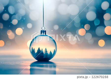 Hanging elegant beautiful transparent glass ball Christmas tree ornament decoration used for banner and background or backdrop for seasonal greetings. Holiday winter season dreamy Christmas light. 122670288