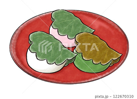 赤い皿にのった3色の柏餅 122670310