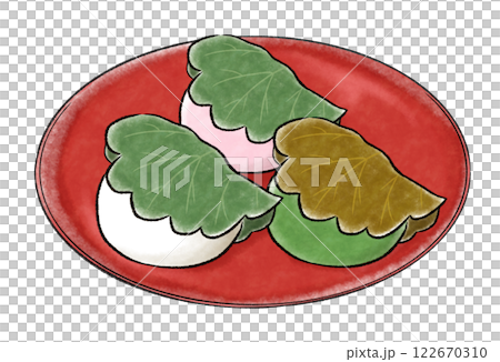 赤い皿にのった3色の柏餅 122670310