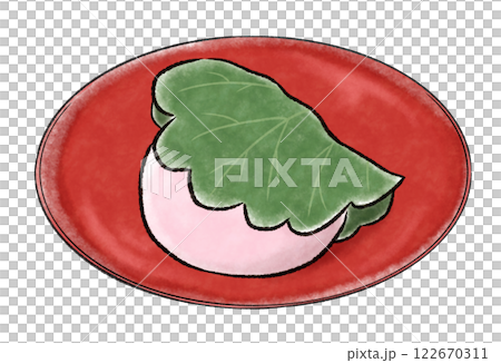 Pink kashiwamochi on a red plate 122670311