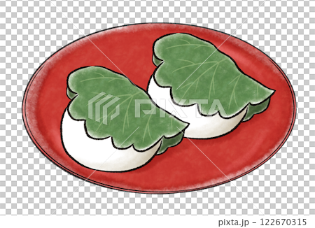 赤い皿にのった2個の柏餅 赤い皿にのった2個の柏餅 122670315