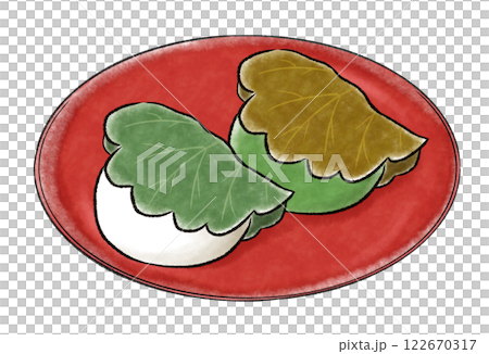 紅盤上的白色和抹茶柏餅 122670317