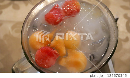Sup Buah Indonesian fruit cocktails, chilled fruit soup, a refreshing dessert with various fruits. Enjoyed in warm weather, often with milk and syrup. Popular during Ramadan as an iftar treat. Sup Buah Indonesian fruit cocktails, chilled fruit soup, a refreshing dessert with various fruits. Enjoyed in warm weather, often with milk and syrup. Popular during Ramadan as an iftar treat. 122670346