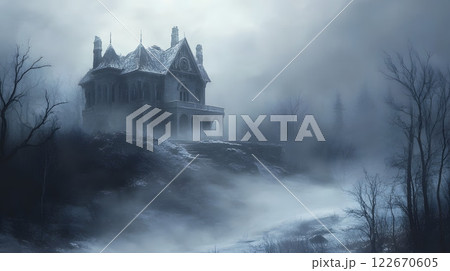 霧に包まれるお城 122670605