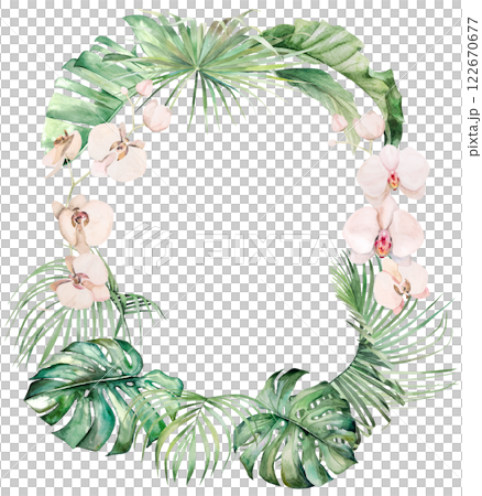 Frame with green watercolor tropical leaves and pink orchid flowers, Wedding isolated illustration 122670677