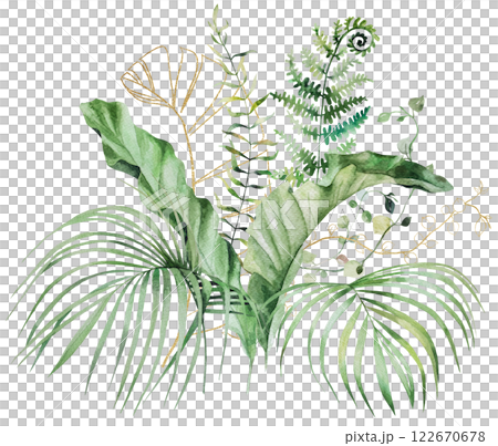 Tropical bouquet with green watercolor palm, monstera and banana leaves, Wedding isolated illustration 122670678