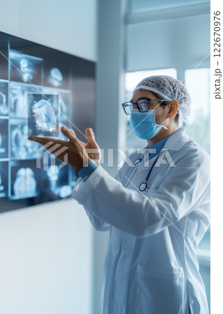 doctor in lab coat and mask examines holographic medical images 122670976