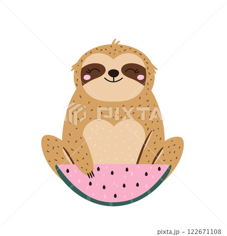 Vector illustration of cute sloth character sitting with juicy watermelon slice 122671108