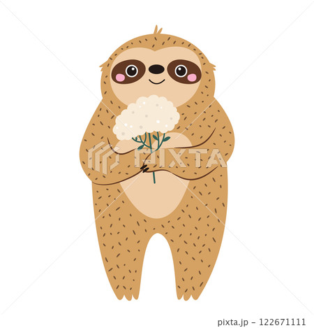 Vector illustration of cute sloth character holding flowers Vector illustration of cute sloth character holding flowers 122671111