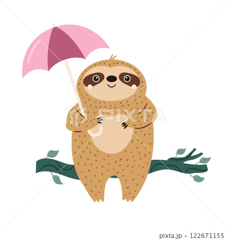Vector illustration of cute sloth character sitting on a tree branch with umbrella. 122671155