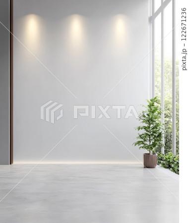 Minimalist interior space with natural light and greenery enhancing the ambience 122671236