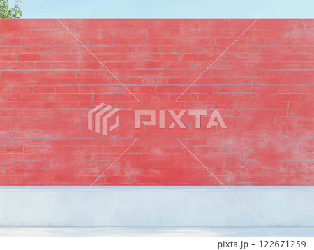 Colorful brick wall with clear blue sky above in a urban environment 122671259
