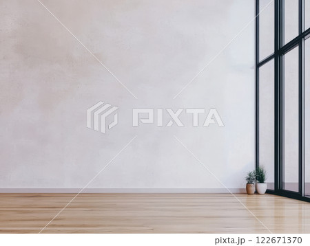 Bright and spacious interior with large windows and minimalistic decor in a modern setting 122671370