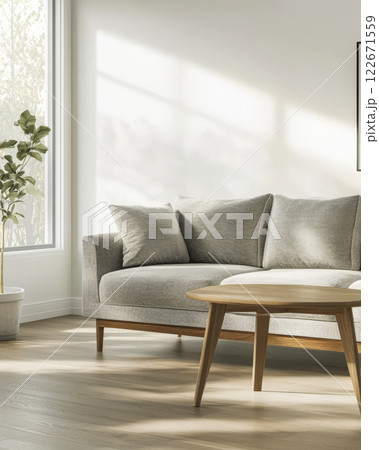 Modern living room with a cozy couch and natural light creating a welcoming atmosphere 122671559