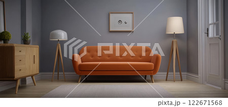 Cozy living room with modern furniture and warm lighting in soft tones 122671568