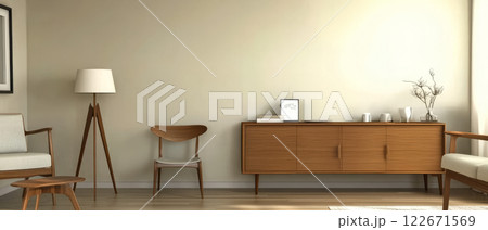 Stylish mid-century modern living room decor with wooden furniture and soft lighting 122671569