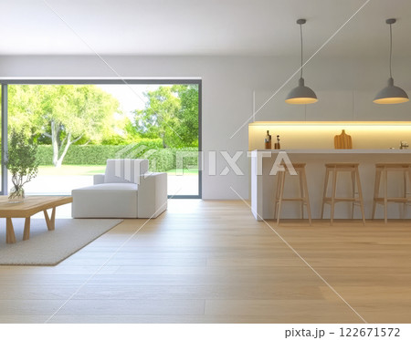 Modern living room and kitchen design with bright natural light and minimalist decor 122671572