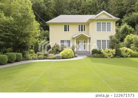 Modern yellow house surrounded by lush greenery and a well-maintained lawn 122671573