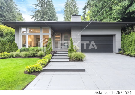 Modern gray house with landscaped garden in a serene neighborhood under a clear sky 122671574